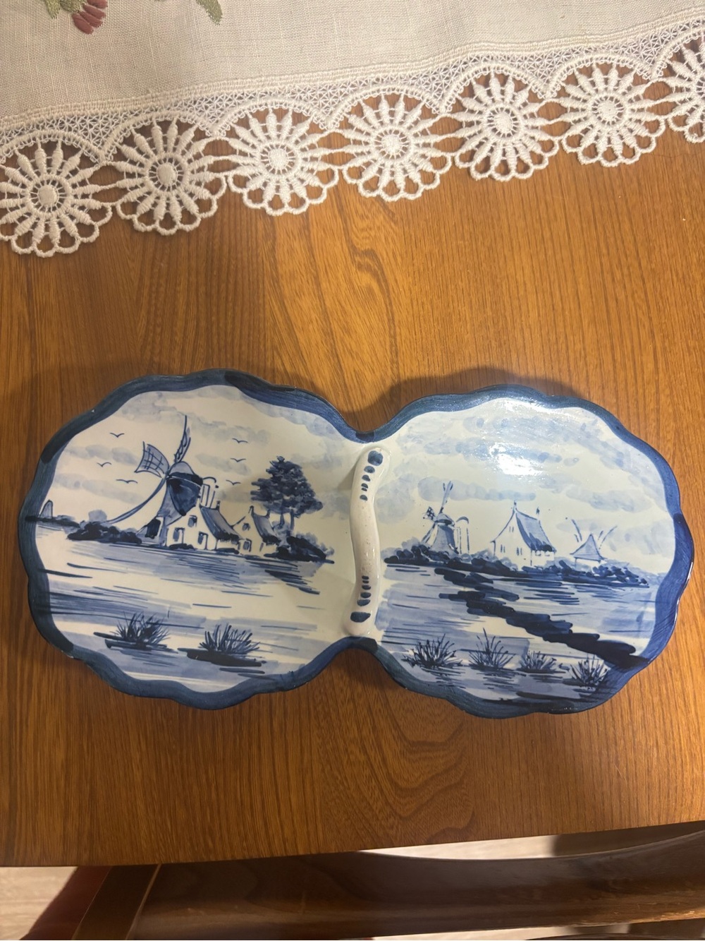 Vintage Blue &White Ceramic Double Serving Dish –Windmill & Sailboat Delft Style